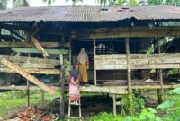 Foto: Kartini Bersama Anaknya Berdiri Didepan Gubuk Derita di Gampong Alue Bieng