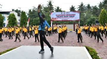 Olahraga Bersama HUT Bhayangkara ke-80, Polres Aceh Timur Perkuat Sinergi Lintas Lembaga